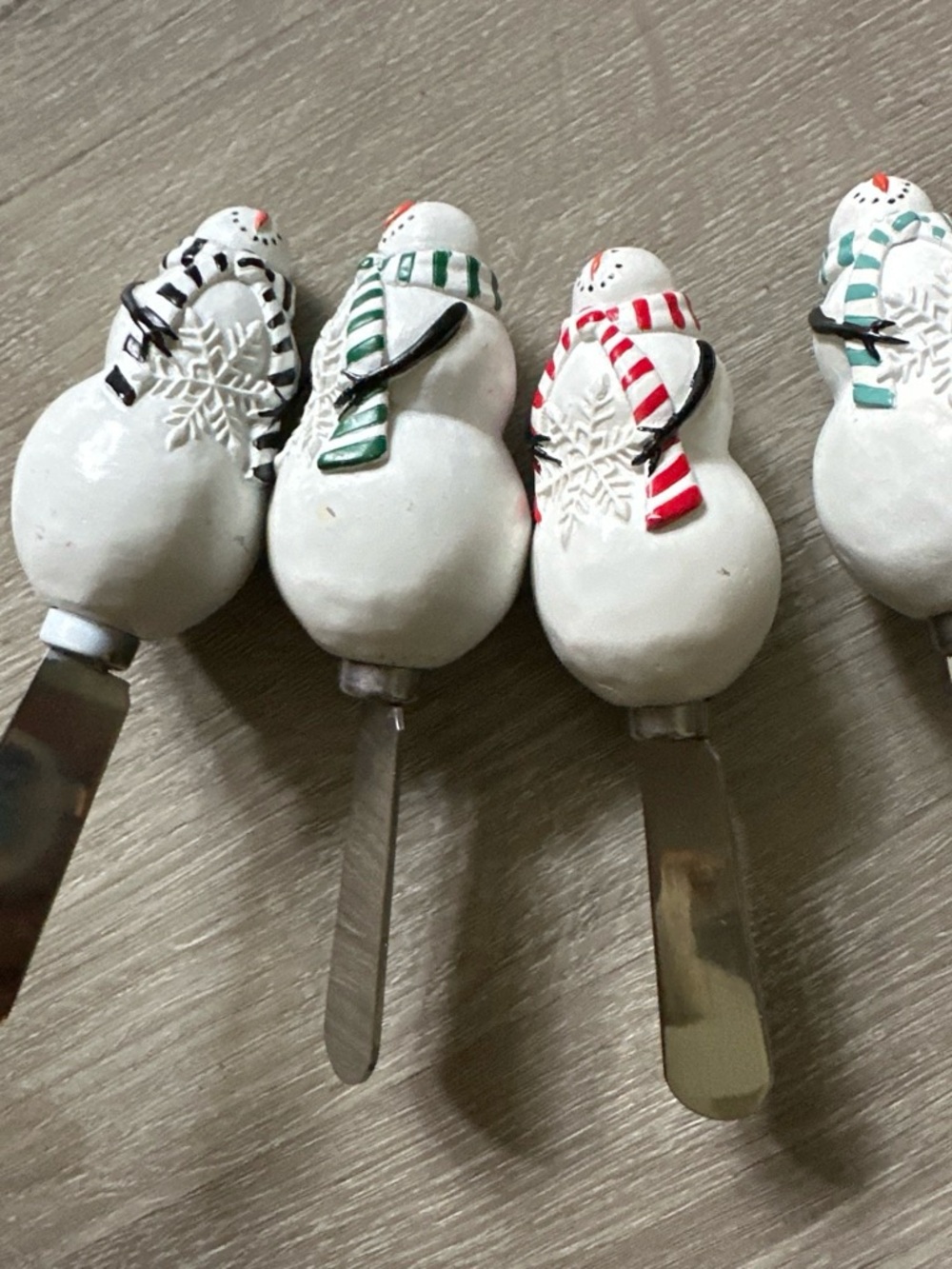 Set of Snowman Spreaders with Red, Green, Black, Teal Striped Scarves